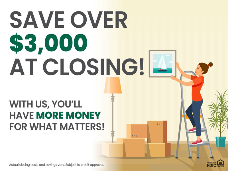 Illustration of a woman on a ladder hanging a framed picture beside moving boxes and a floor lamp; large text reads 'Save over $3,000 at closing!' and 'With us, you'll have more money for what matters.' (advertising home closing savings)