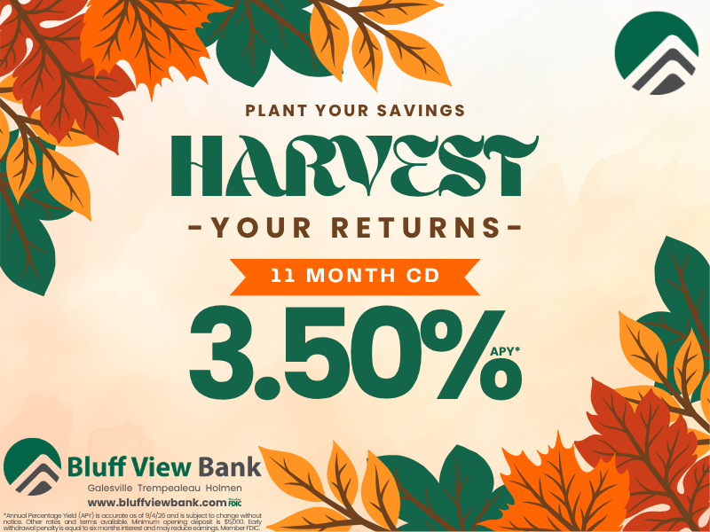 Promotional banner for Bluff View Bank advertising an 11-month CD with 3.50% APY amid autumn leaves and a logo.