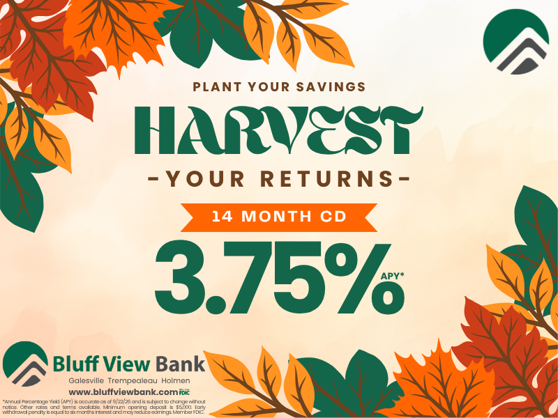 Autumn-themed bank promo banner: Harvest 14-month CD offering 3.75% APY from Bluff View Bank, with colorful fall leaves framing the edges.