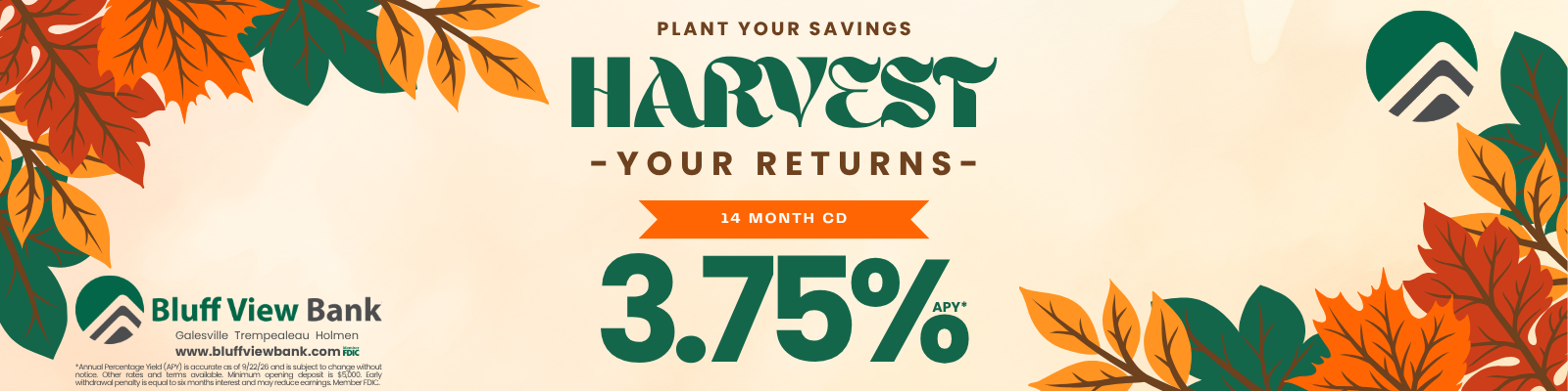 Autumn-themed bank banner announcing a 14-month CD at 3.75% APY from Bluff View Bank, with leaf borders and logo.