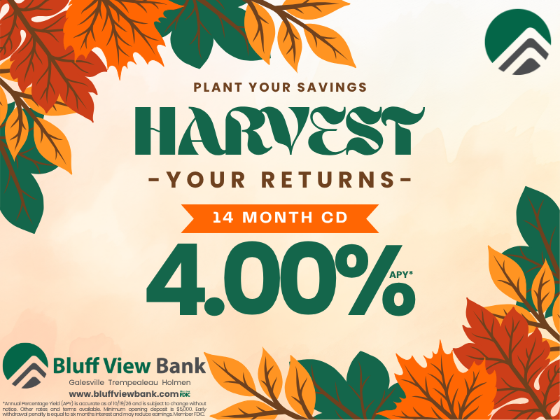 Autumn-themed bank banner advertising a 14-month CD at 4.00% APY from Bluff View Bank, with colorful fall leaves framing the text.